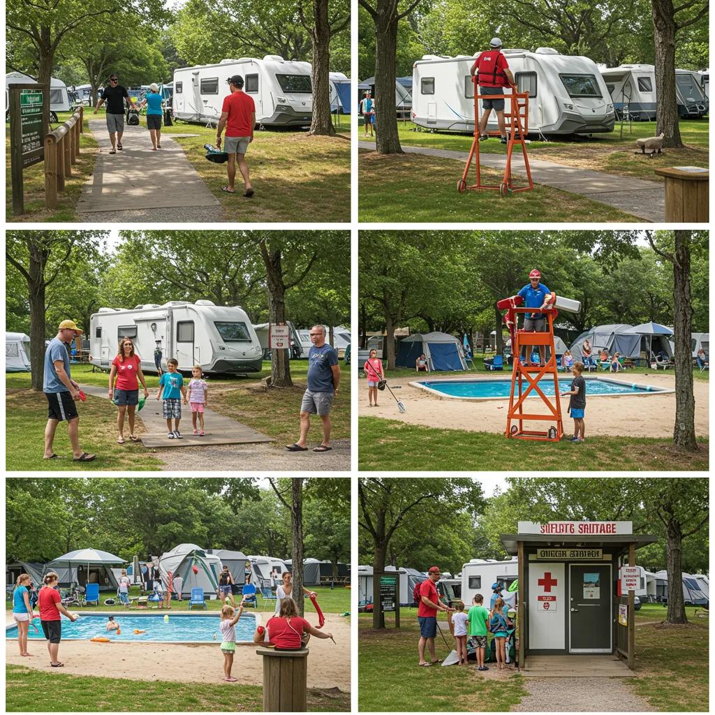 Safety features at a campground including lighting, lifeguards, and first-aid stations