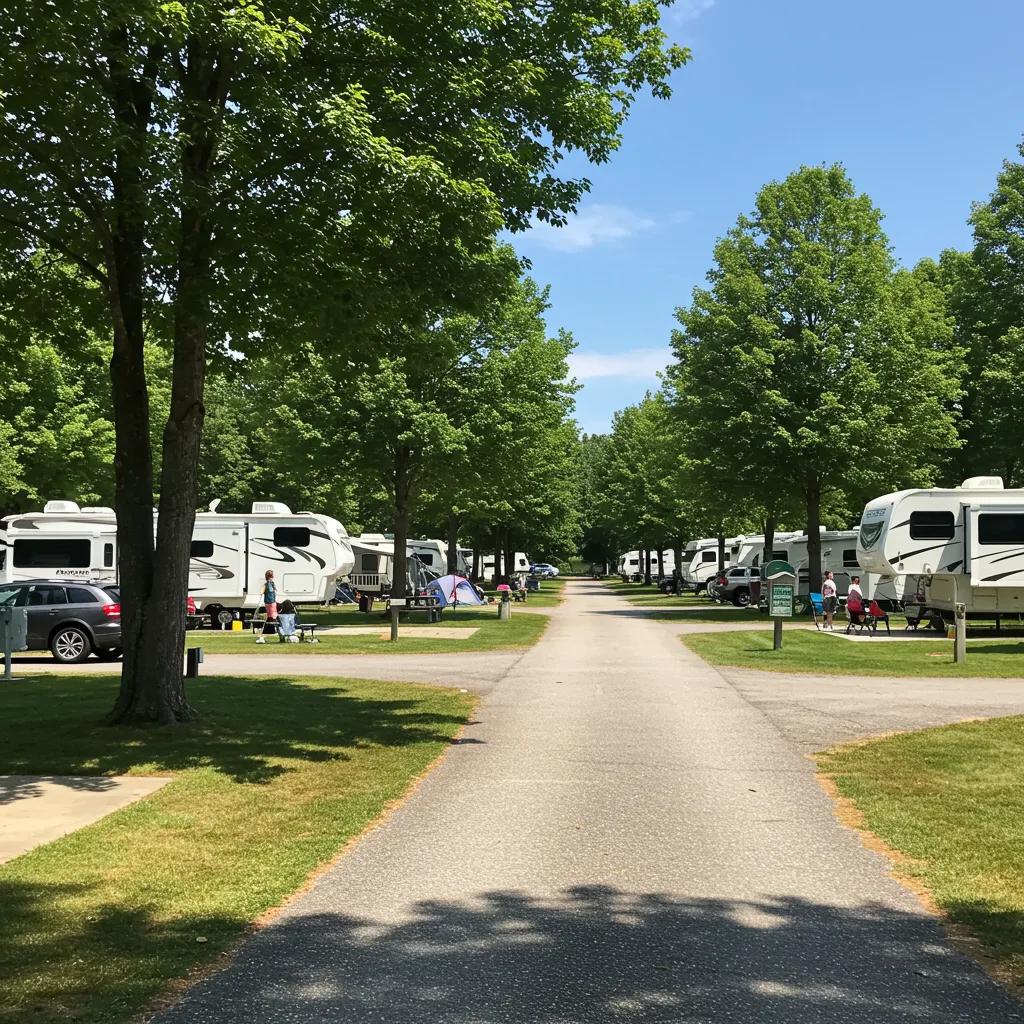 Scenic campground view with RV sites and families enjoying outdoor activities