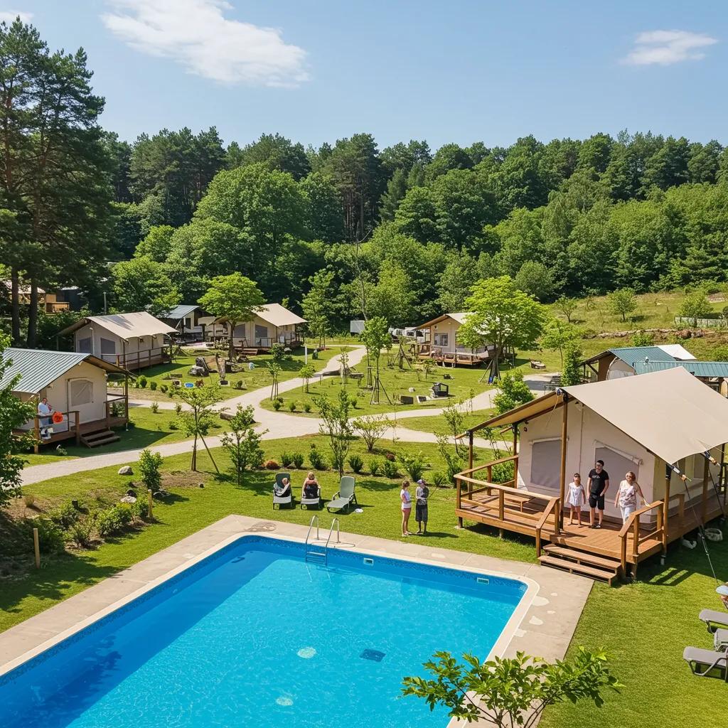 Scenic campground with glamping tents and a pool, representing outdoor hospitality and family enjoyment