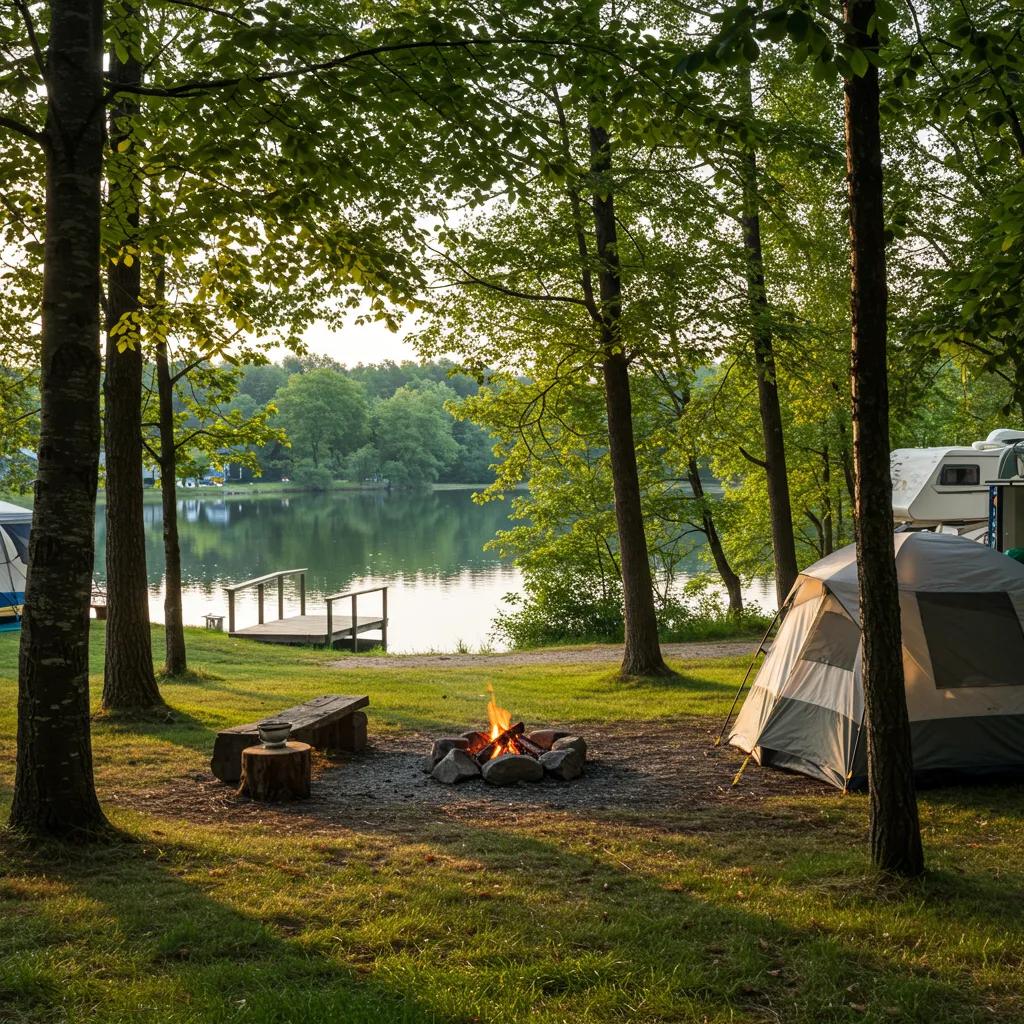 Scenic campground with lush trees and a tranquil lake, representing outdoor lifestyle and adventure