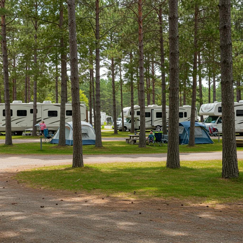 Scenic campground with RVs and tents, representing outdoor hospitality and family enjoyment
