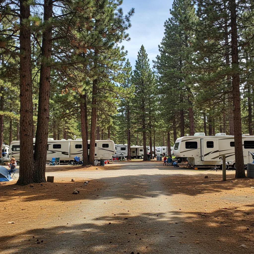 Scenic campground with RVs and tents, showcasing outdoor hospitality and adventure