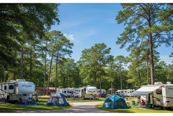 Scenic campground with RVs and tents surrounded by nature, highlighting outdoor adventure and tranquility
