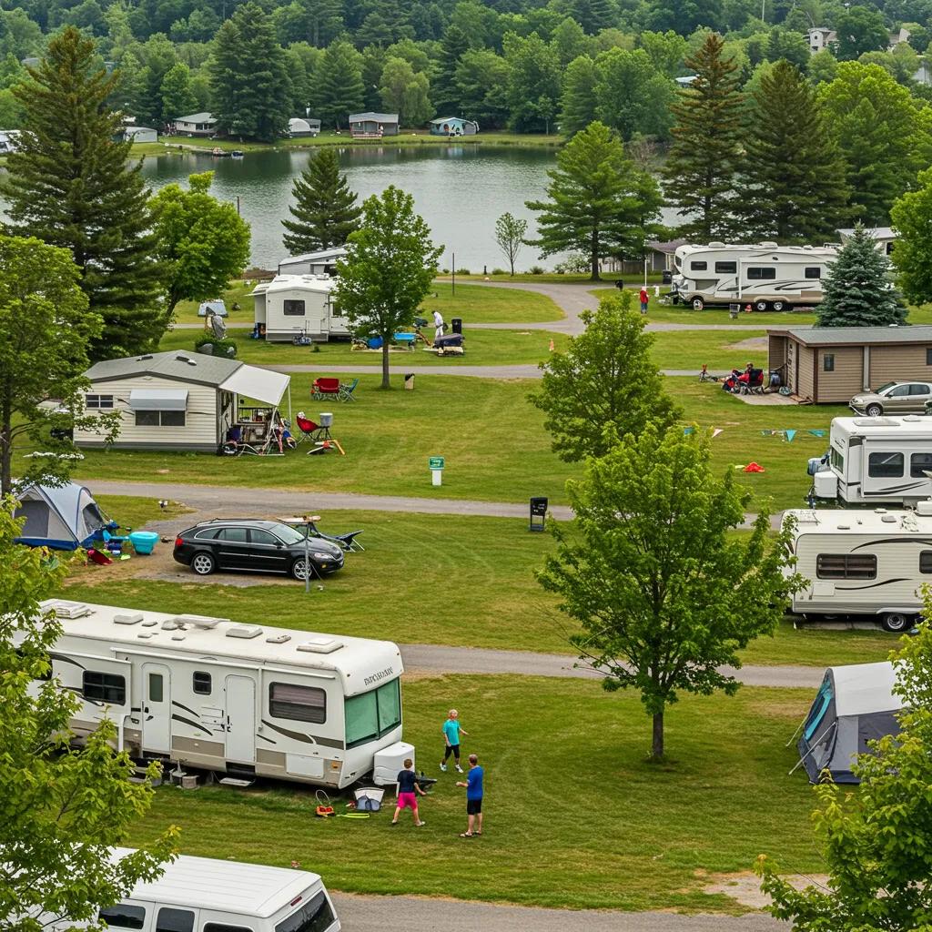 Scenic campground with seasonal sites, families enjoying outdoor activities, and a serene lake