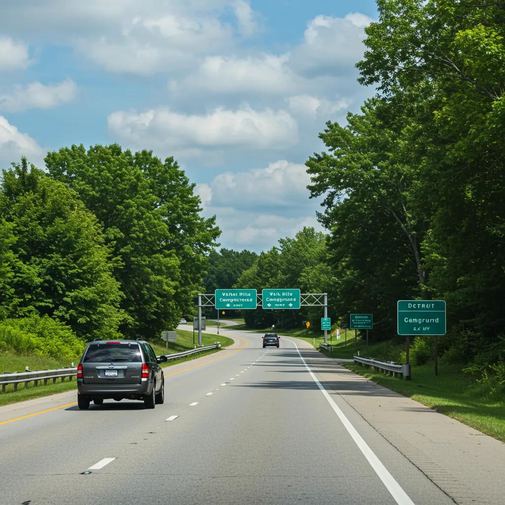 Scenic highway view towards Walnut Hills Campground, illustrating travel from Detroit