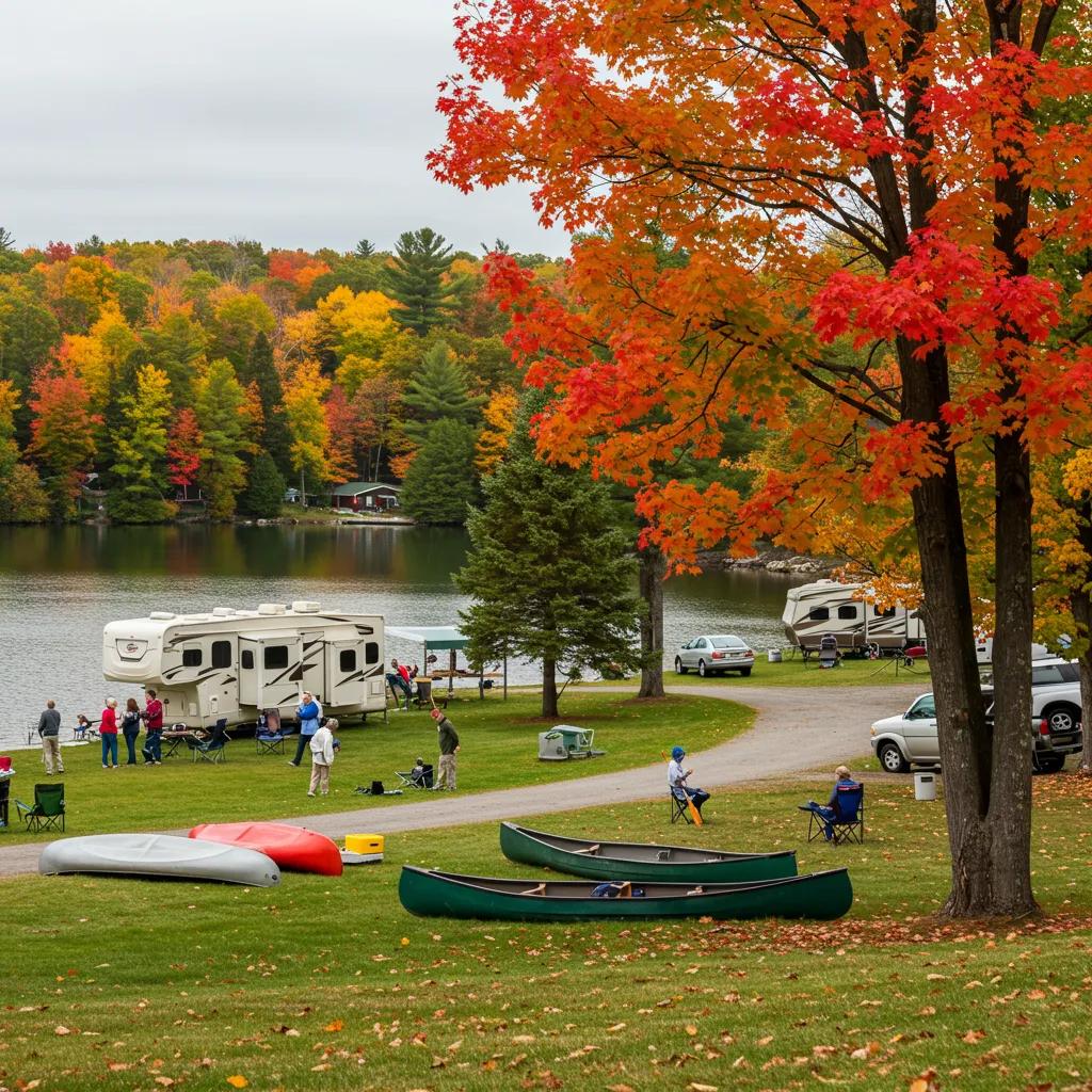 Scenic Michigan campground in autumn, illustrating seasonal camping rates and family activities