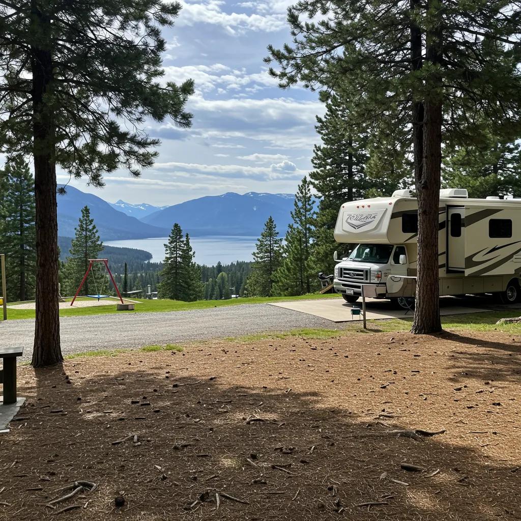 Scenic RV site with full hookups overlooking a lake and mountains, ideal for family camping