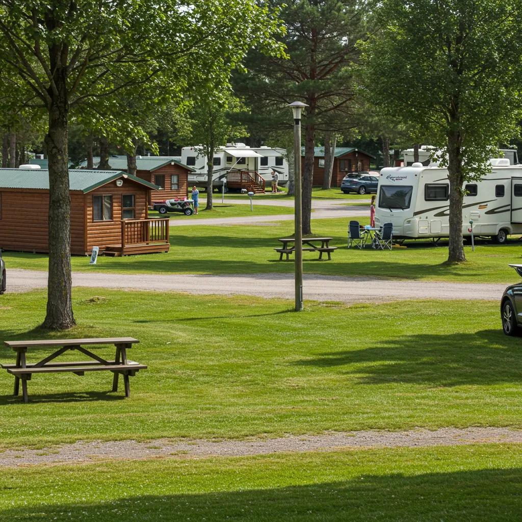 Scenic view of a campground showcasing cabins and RVs in a lush green setting