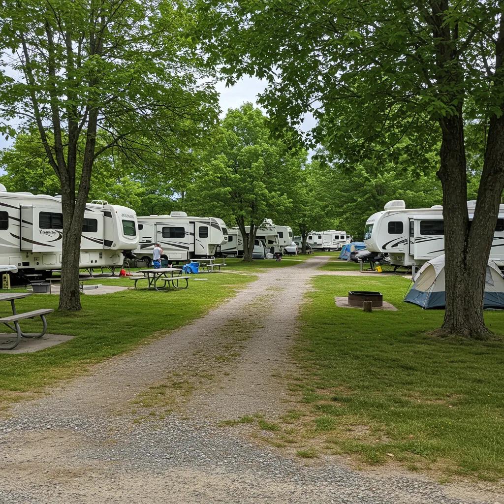 Scenic view of a campground showcasing RVs and tents in a lush green setting, emphasizing outdoor leisure and property value