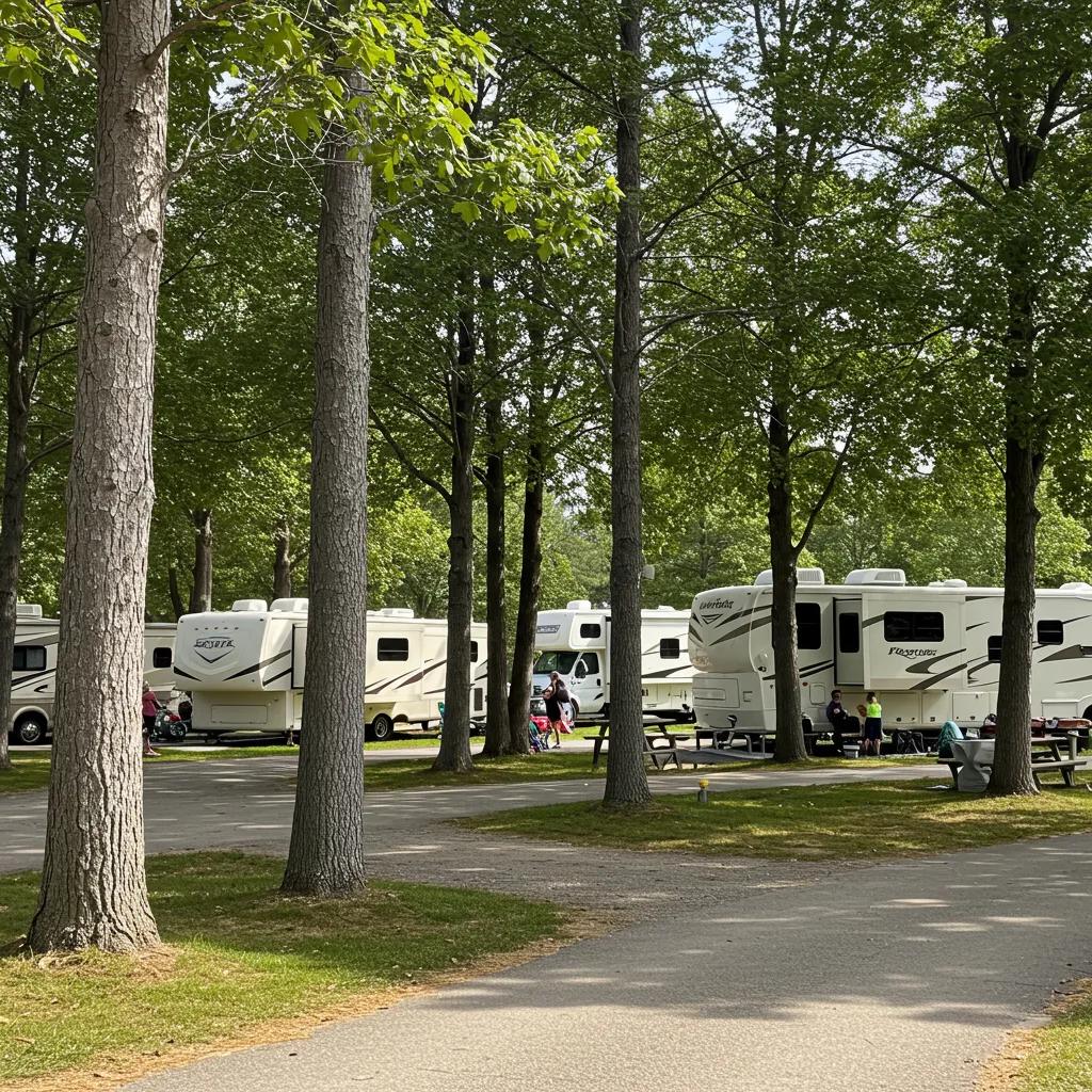Scenic view of a campground with RVs, emphasizing outdoor leisure and family enjoyment
