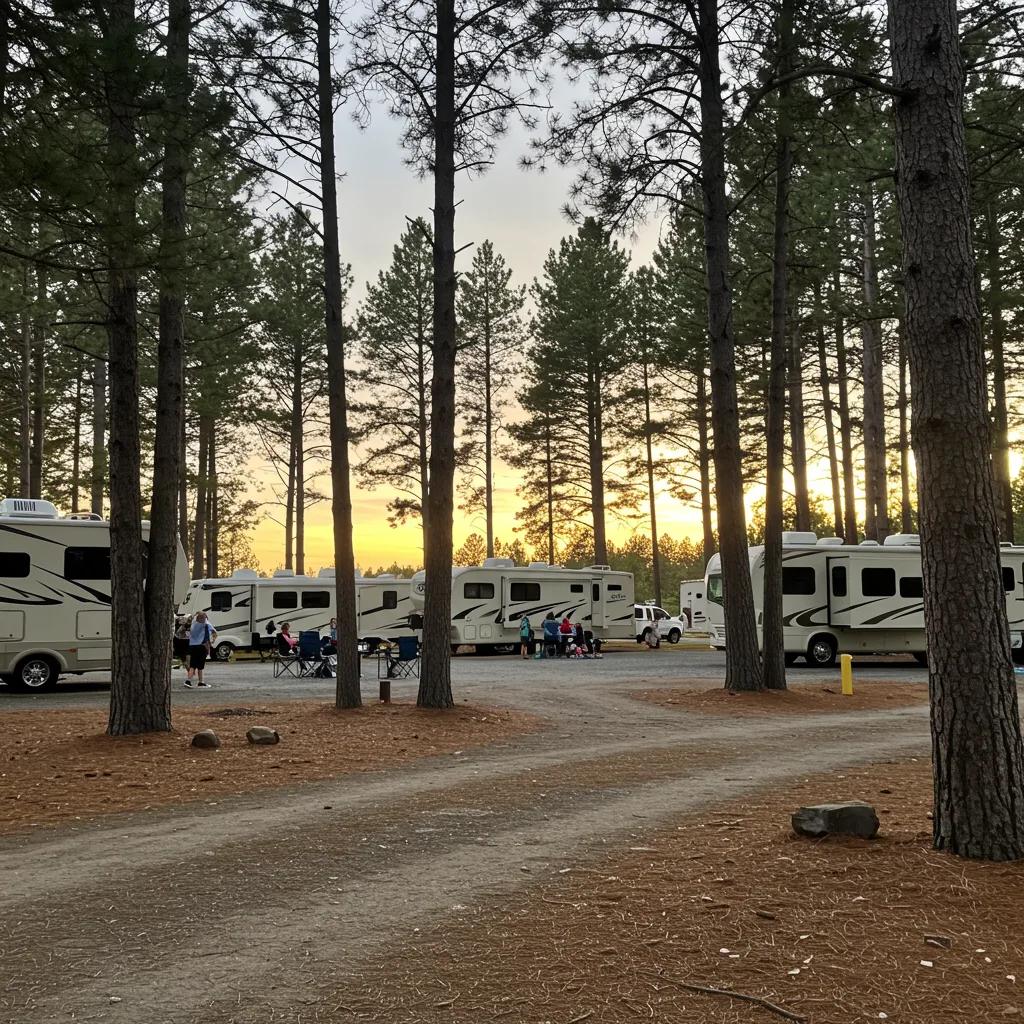 Scenic view of a campground with RVs, families enjoying outdoor activities, and a sunset backdrop