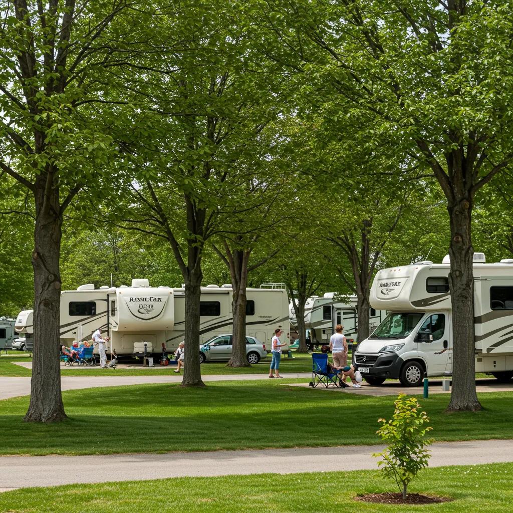 Scenic view of a vibrant RV park with families enjoying outdoor activities