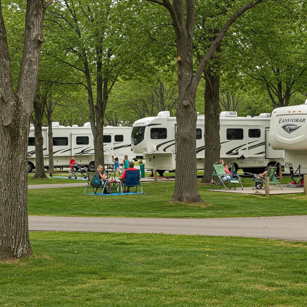 Scenic view of a vibrant RV park with families enjoying outdoor activities