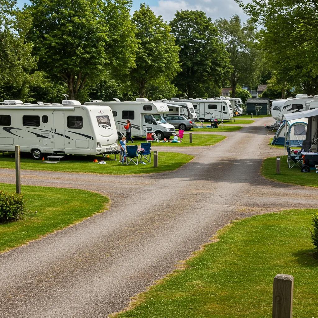Scenic view of a well-maintained campground with RVs and families enjoying outdoor leisure