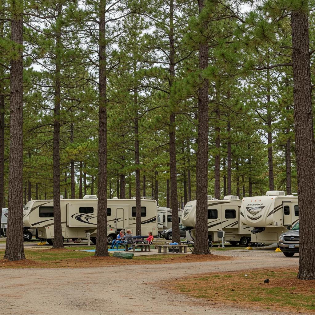 Scenic view of a well-maintained RV park with families enjoying outdoor activities