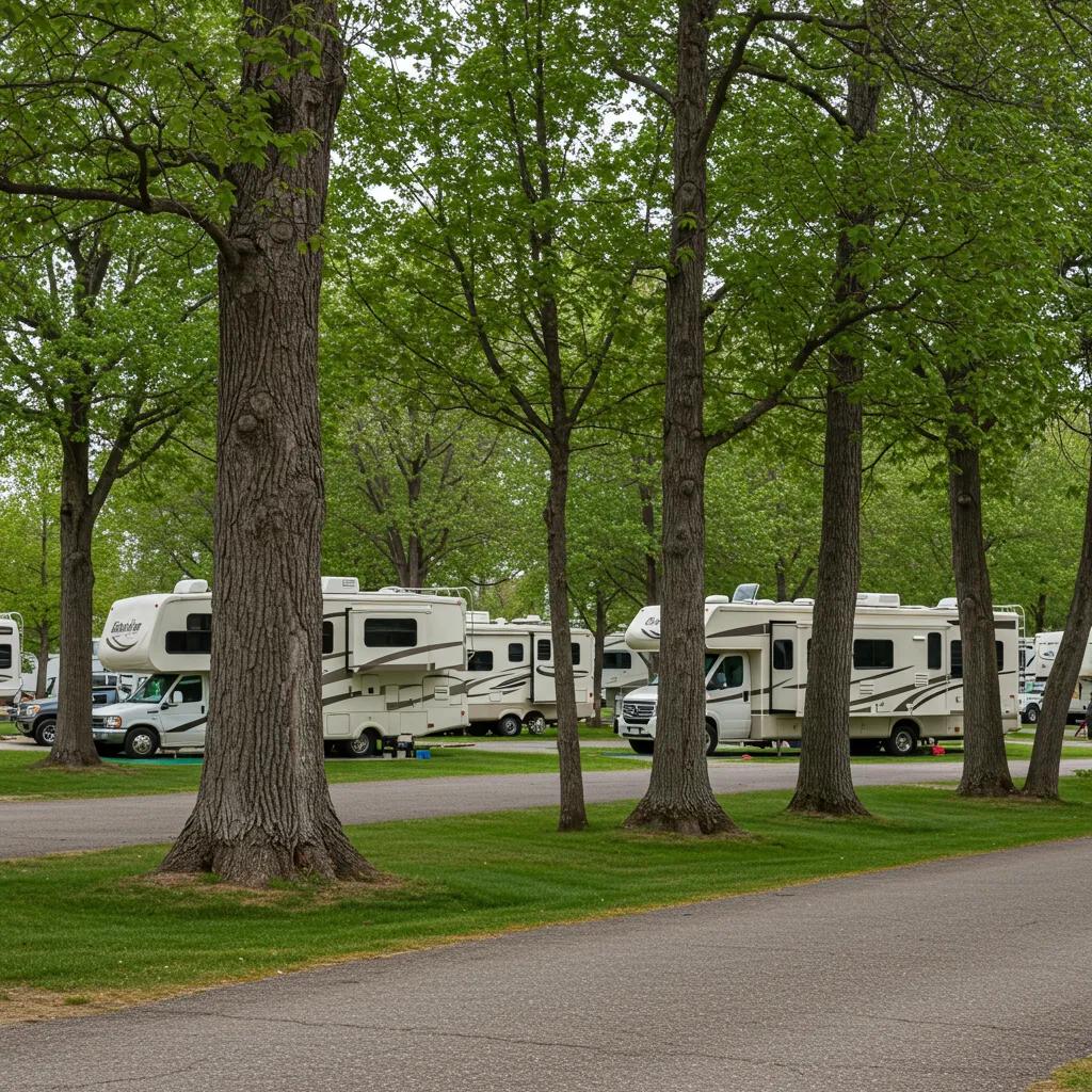 Scenic view of a well-maintained RV park with lush greenery and RVs, representing campground selling opportunities