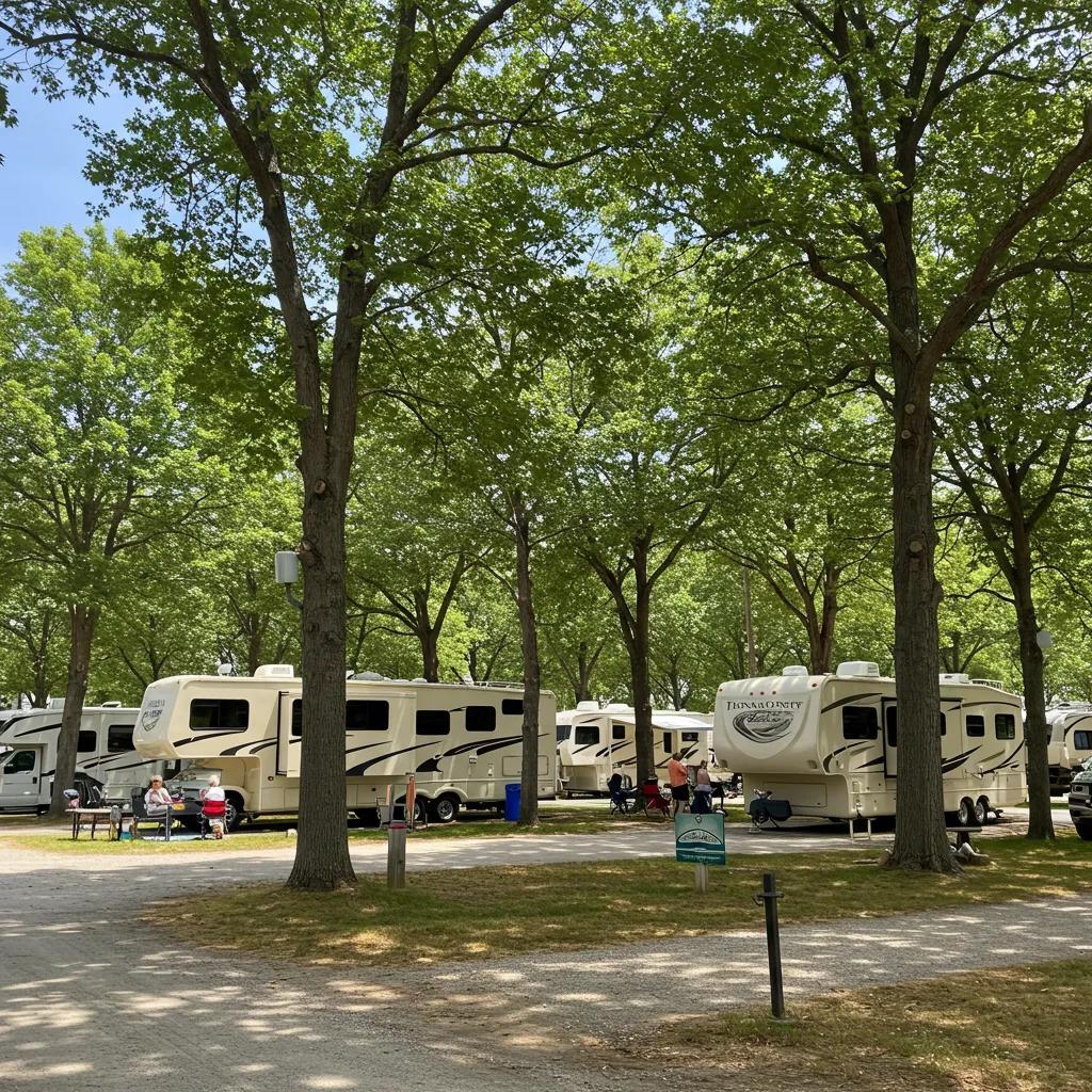 Scenic view of a well-maintained RV park with RVs under trees