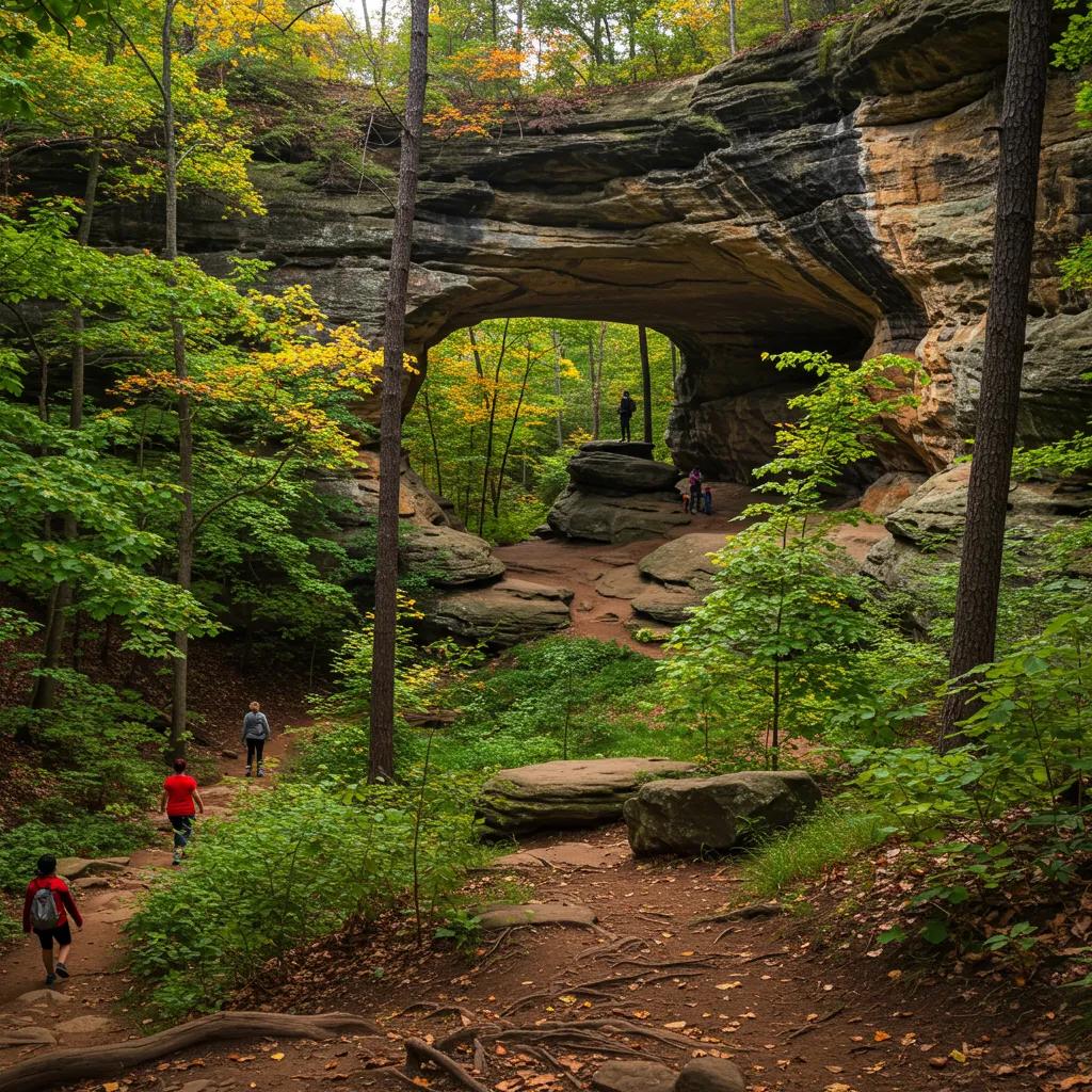 Scenic view of Hocking Hills in Ohio, showcasing rock formations and forest trails