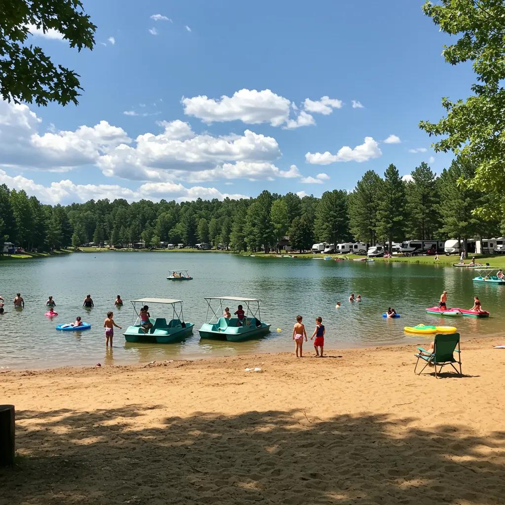 Scenic view of the lake at Ridge Ranch Campground, showcasing beach activities and family recreation