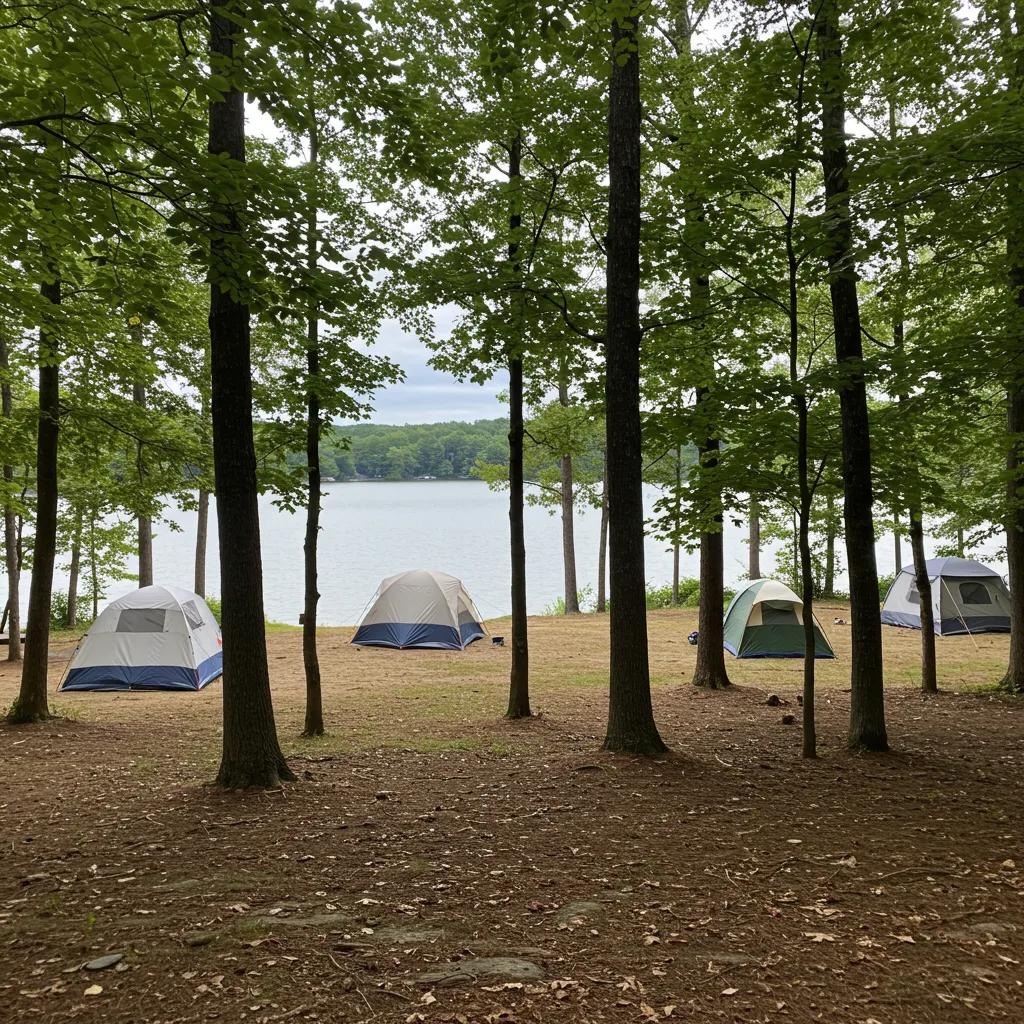Secluded campground in Ohio with spacious campsites and dense tree cover near a calm lake