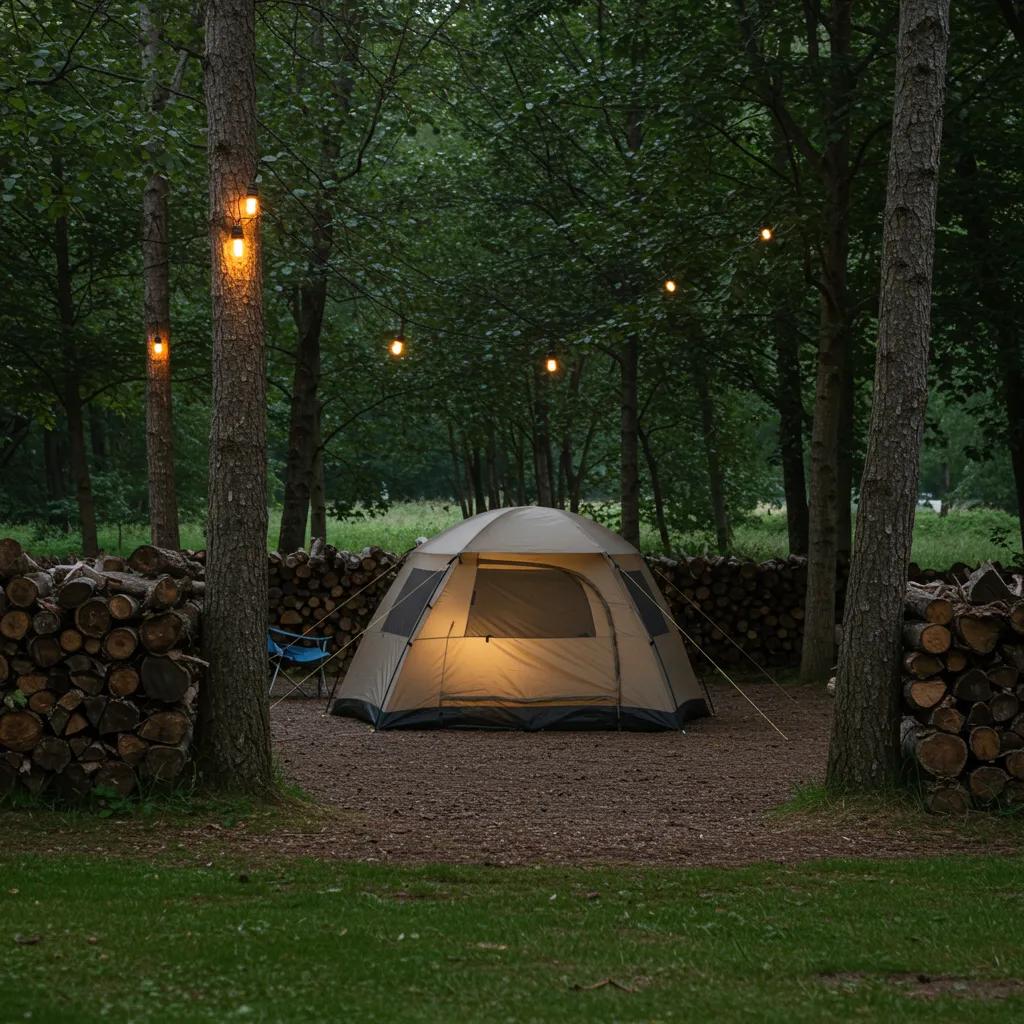 Secluded campsite with a tent surrounded by trees, illustrating privacy in camping