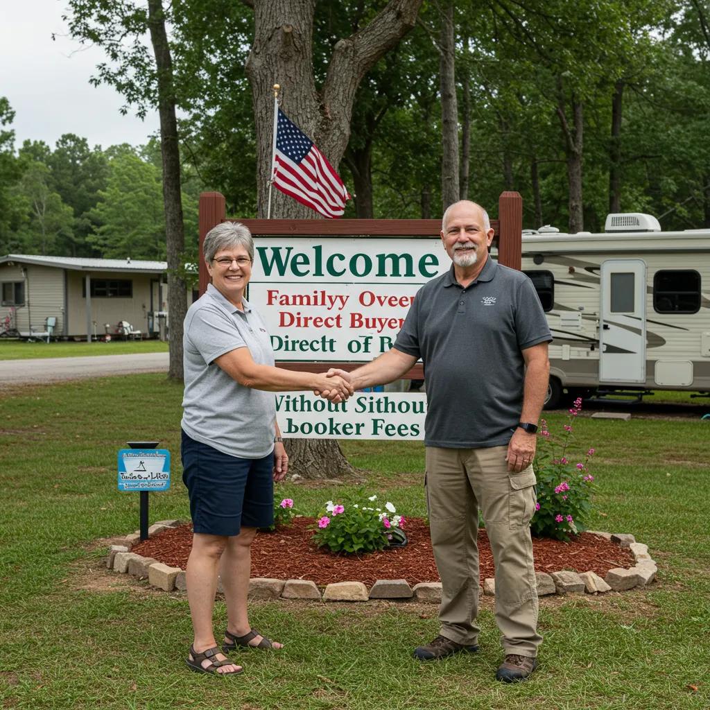 Seller and buyer shaking hands in front of a campground, illustrating the advantages of direct sales without broker fees