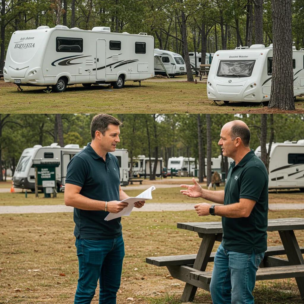 Seller discussing property details with a buyer at a campground and an RV resort