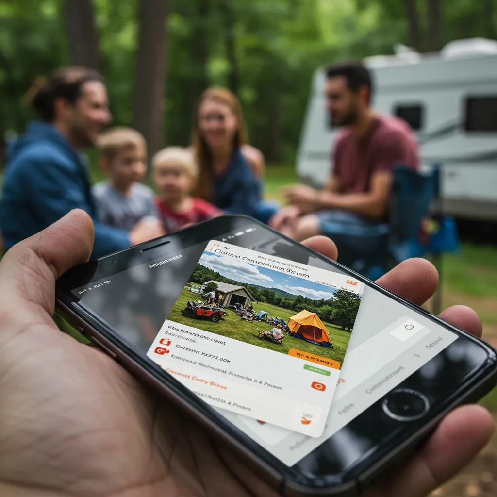 Smartphone showing campground online reservation system with a family planning their camping trip