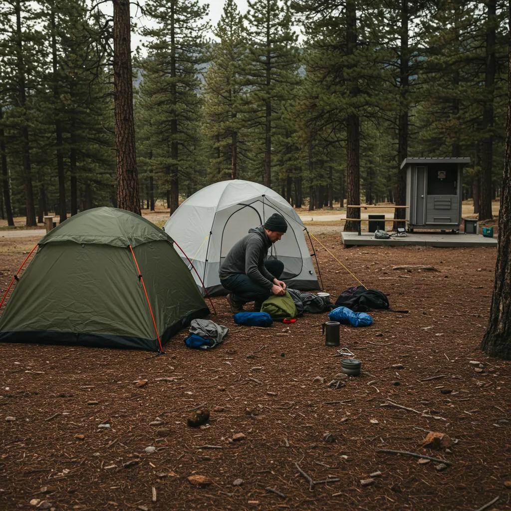 Solo camper setting up in a safe and visible campsite