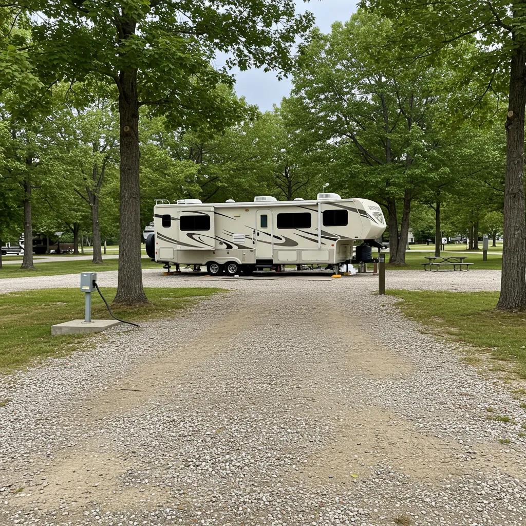 Spacious RV site with full hookups and amenities, illustrating typical requirements for RV camping
