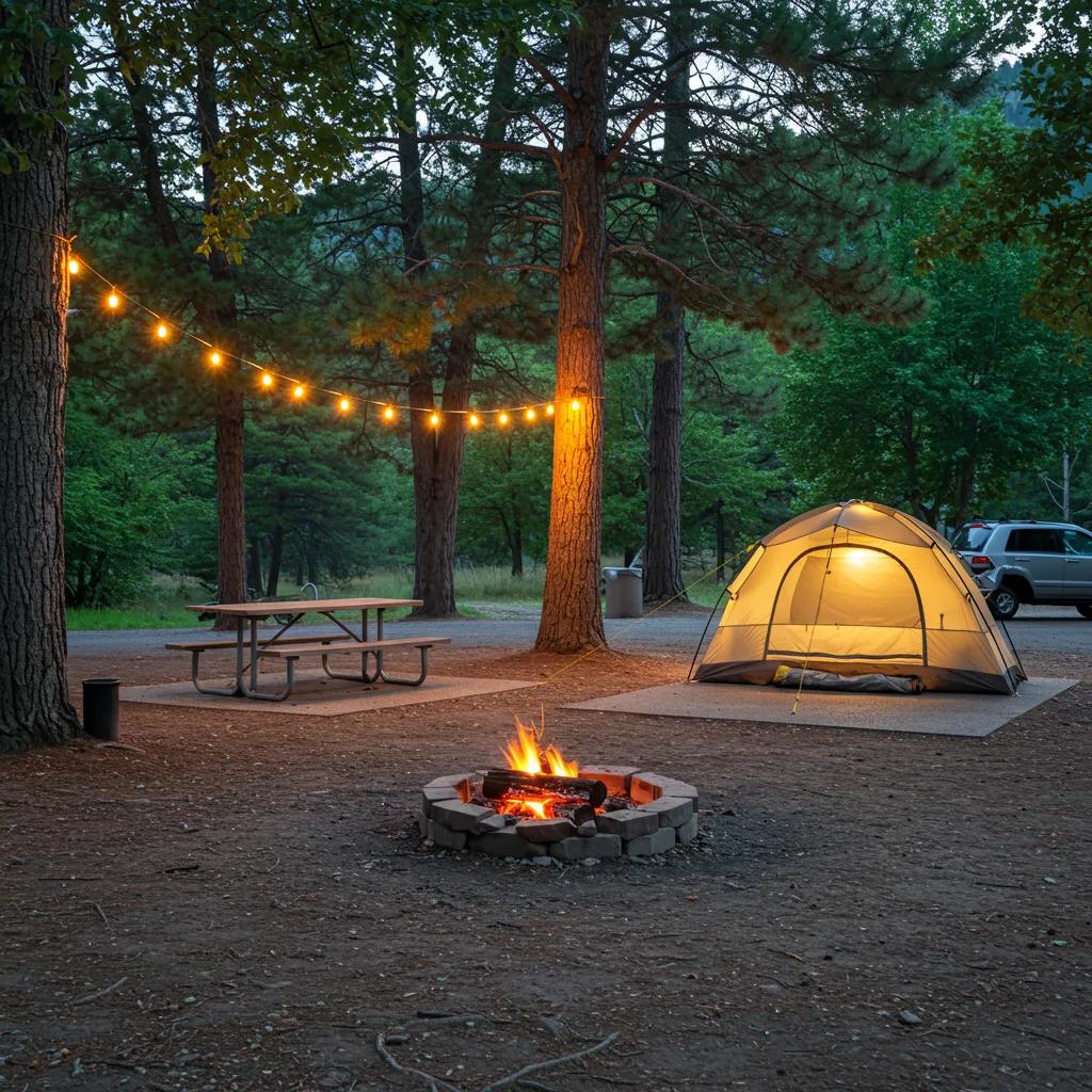 Standard camping site with a tent, campfire, and picnic table, highlighting the flexibility of transient camping