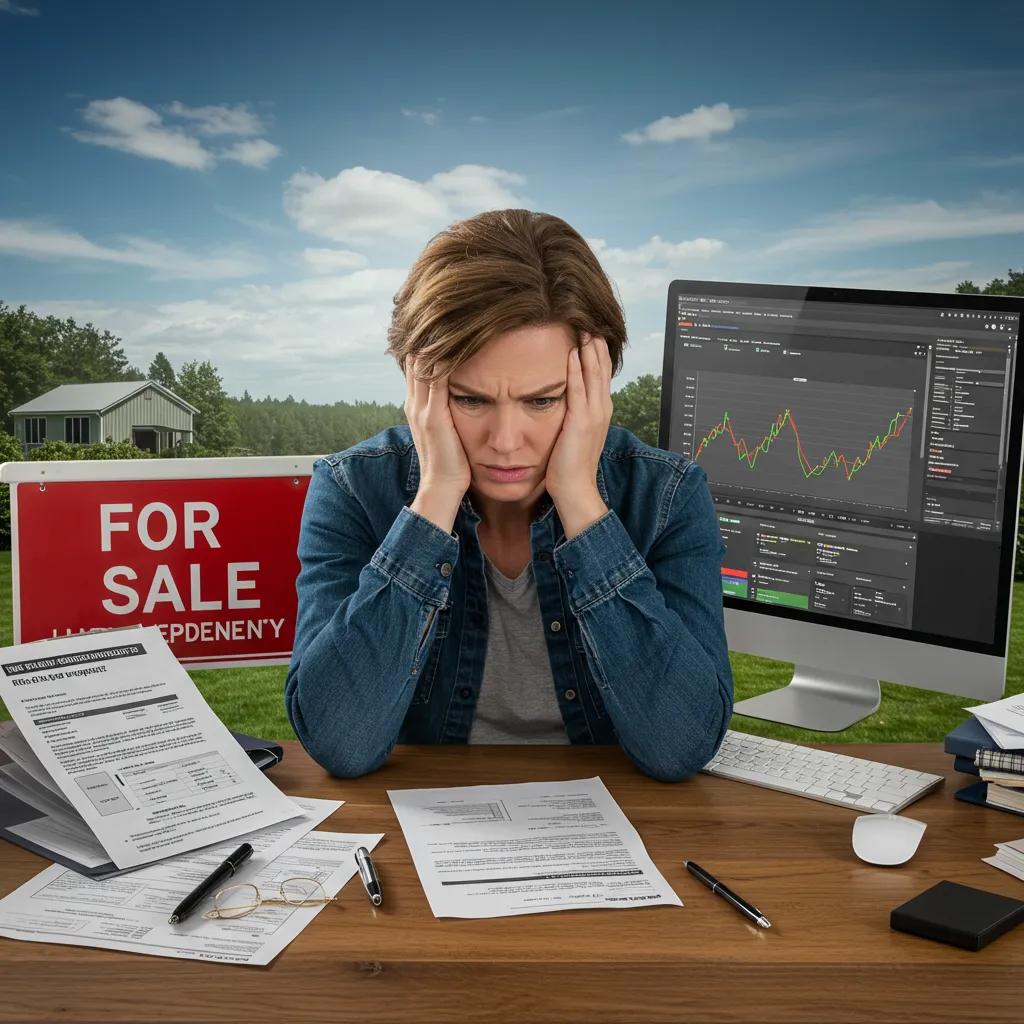 Stressed campground owner surrounded by paperwork and a 'For Sale' sign, illustrating the challenges of selling independently