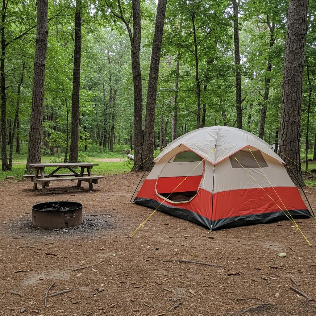 Tent camping setup at Camp Dearborn with picnic area and natural surroundings