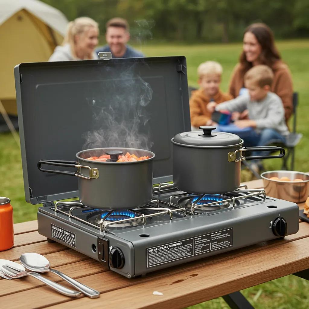 Two-burner portable camp stove with pots cooking at a family campsite