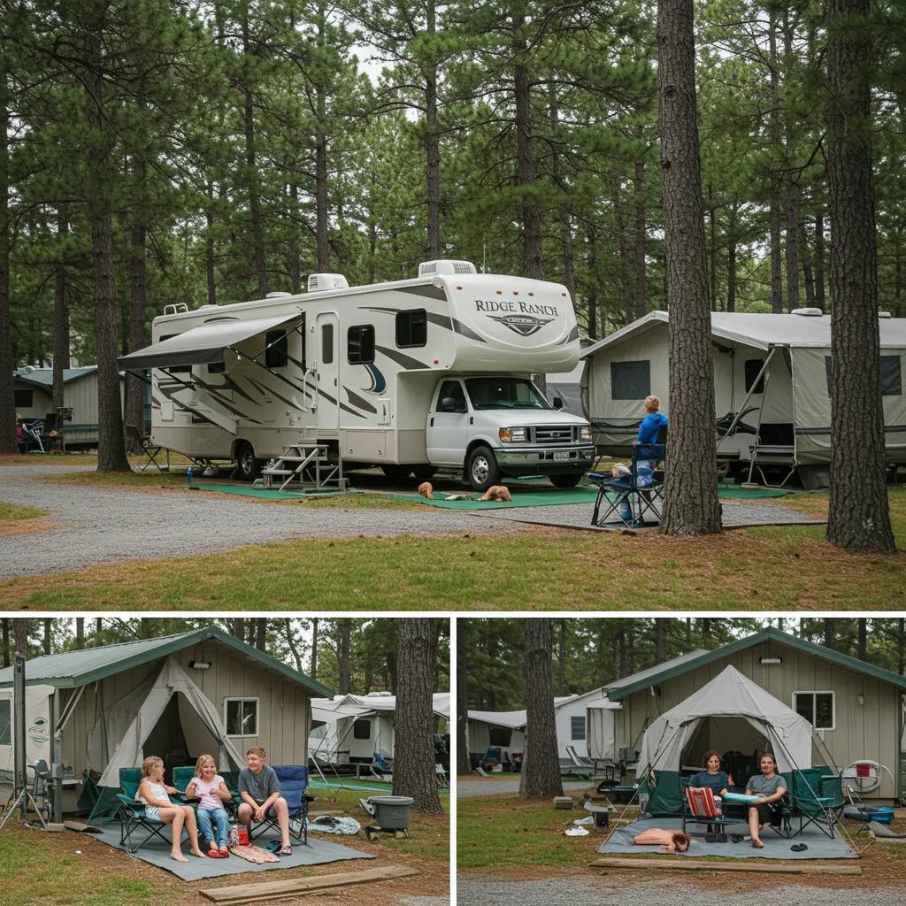 Various camping accommodations at Ridge Ranch, highlighting family-friendly options for RVs, tents, and seasonal sites