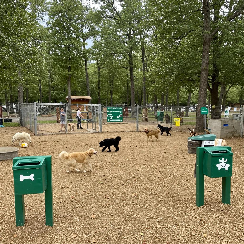 Various dog amenities at a campground including dog park and wash area