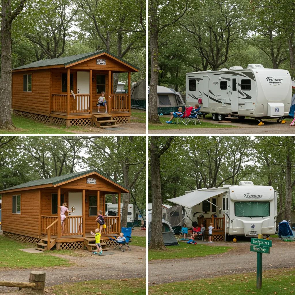 Various family accommodations at a campground including cabins, RVs, and tents