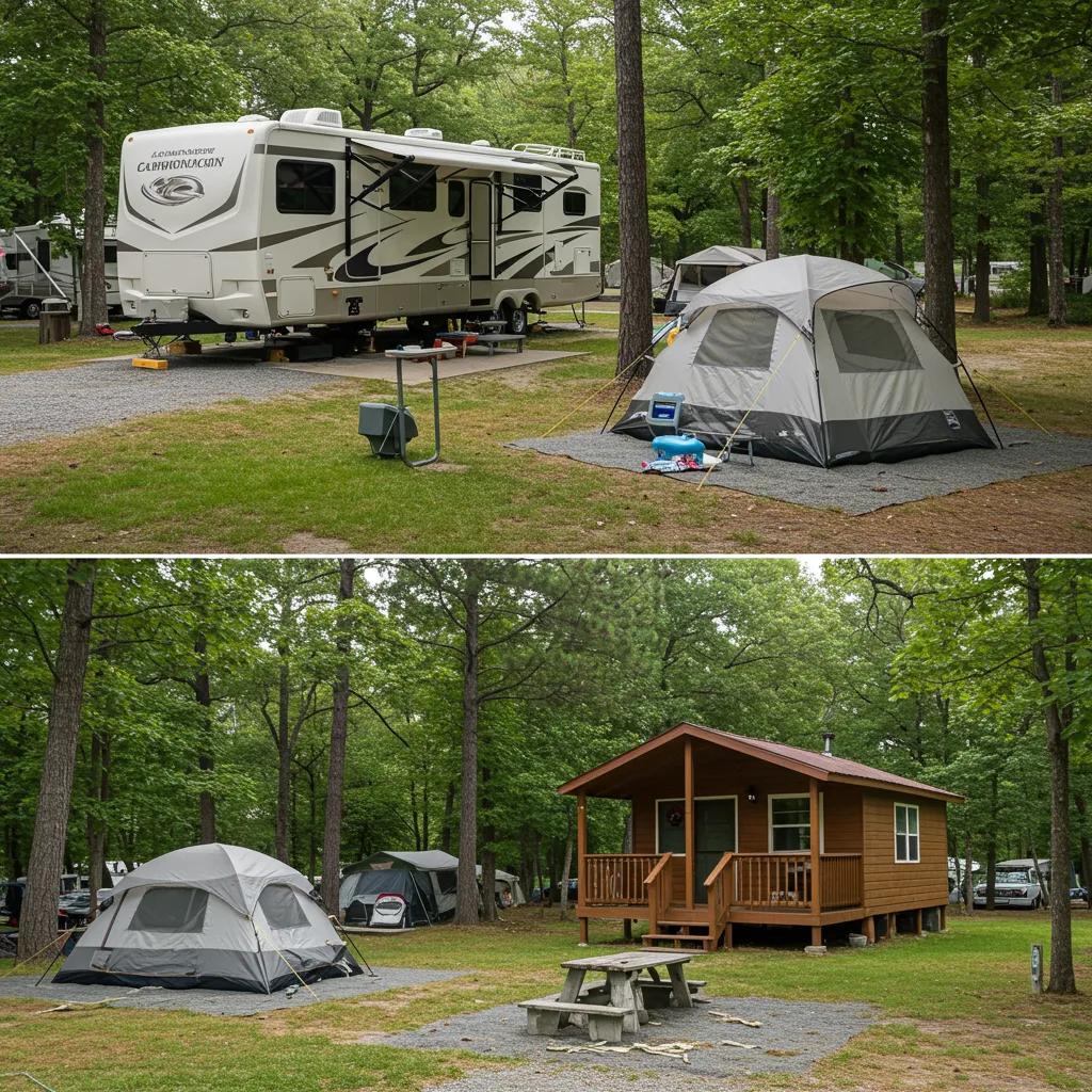 A variety of family camping accommodations in Michigan, showcasing RV sites, tents, and cozy cabin rentals