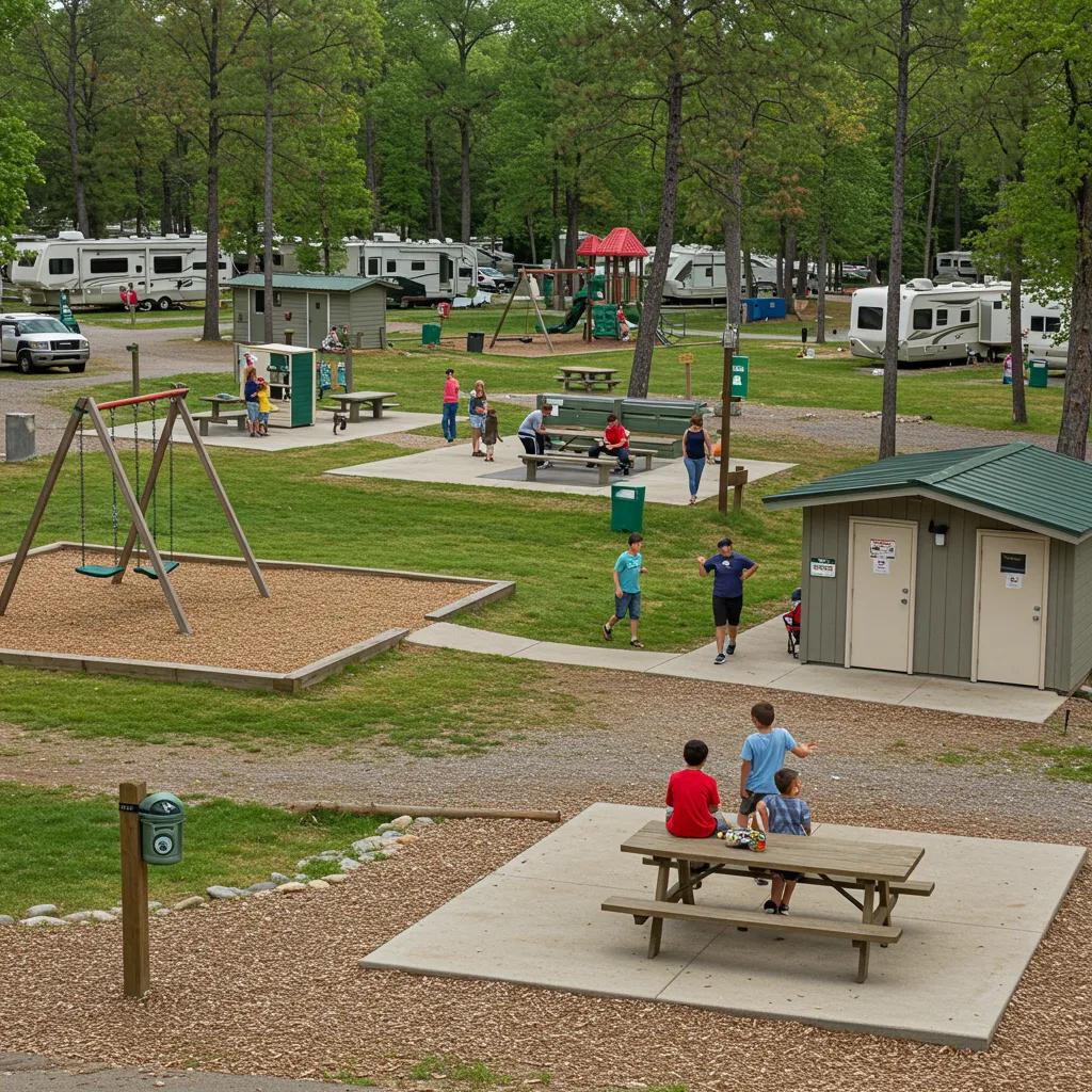 Vibrant campground scene showcasing amenities like playgrounds and bathhouses, emphasizing valuation factors