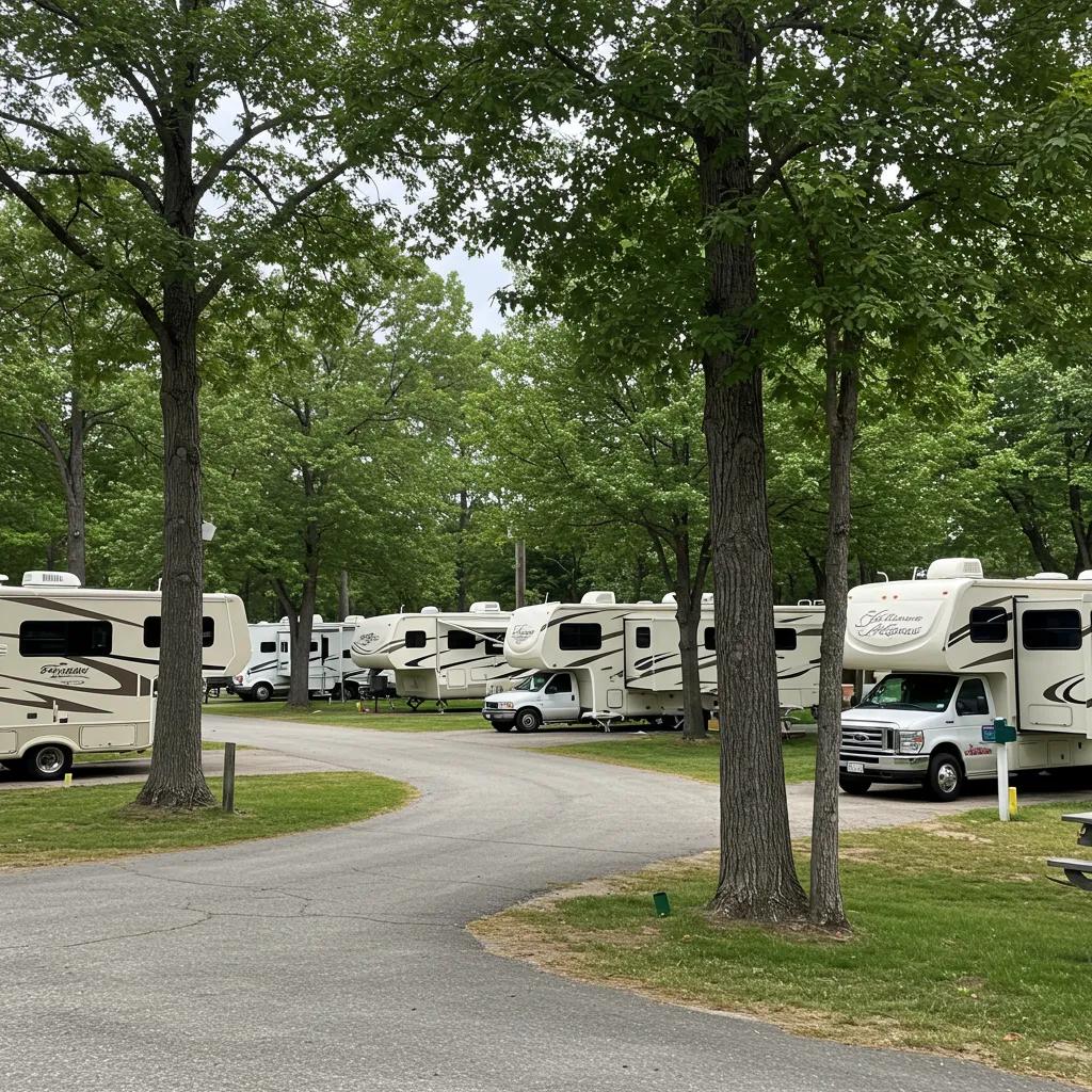 Vibrant RV resort with well-maintained campgrounds and parked RVs under trees