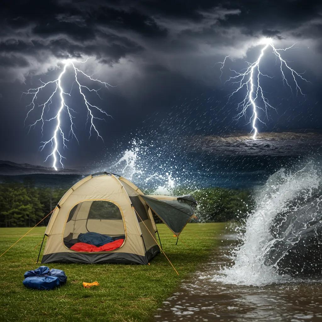 Visual representation of weather hazards for campers, including thunderstorms and high winds