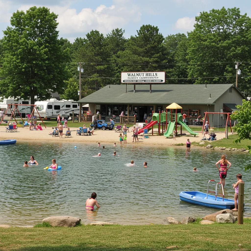 Walnut Hills Family Campground featuring swimming lake, playgrounds, and community amenities