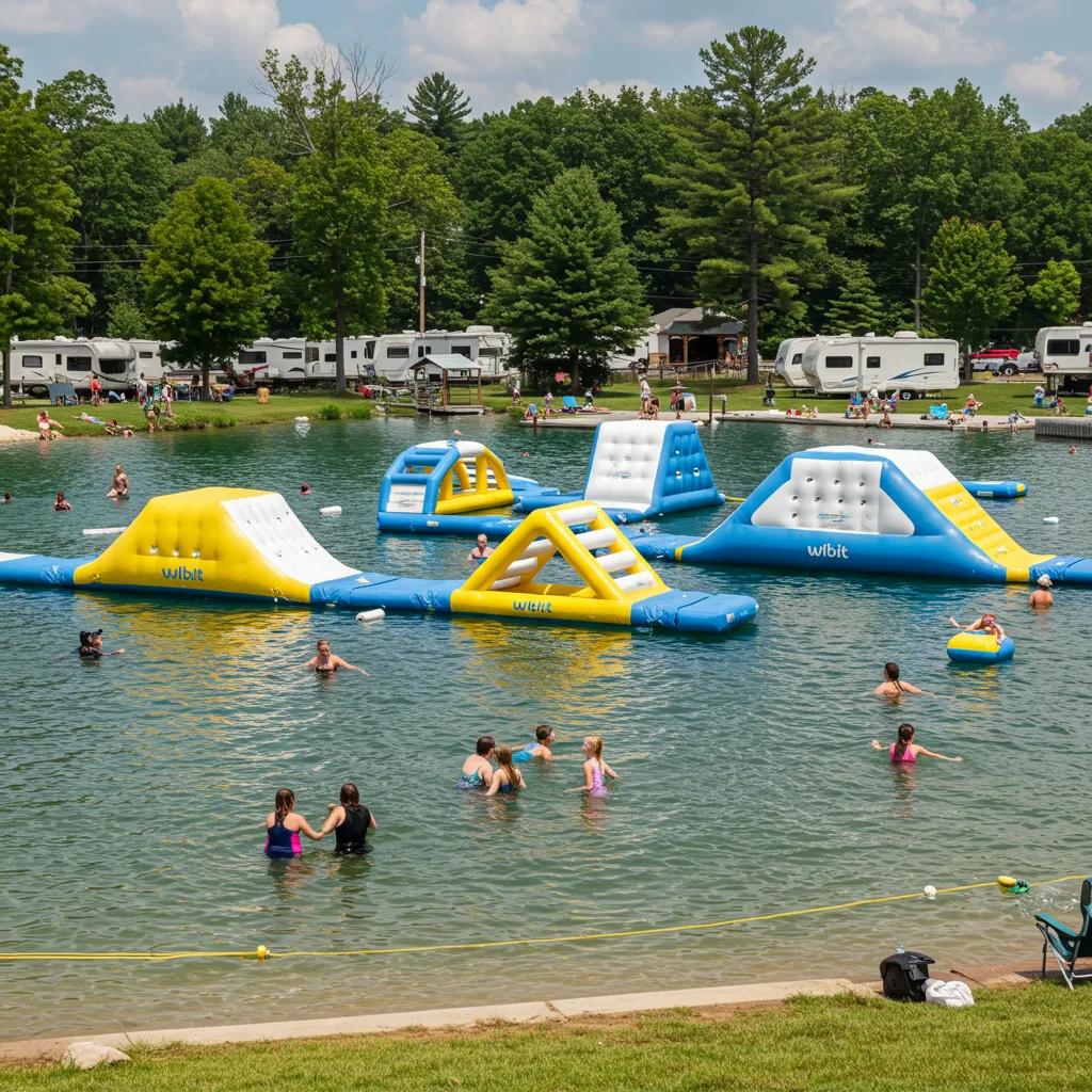 Walnut Hills Family Campground showcasing Wibit water park and families enjoying water activities