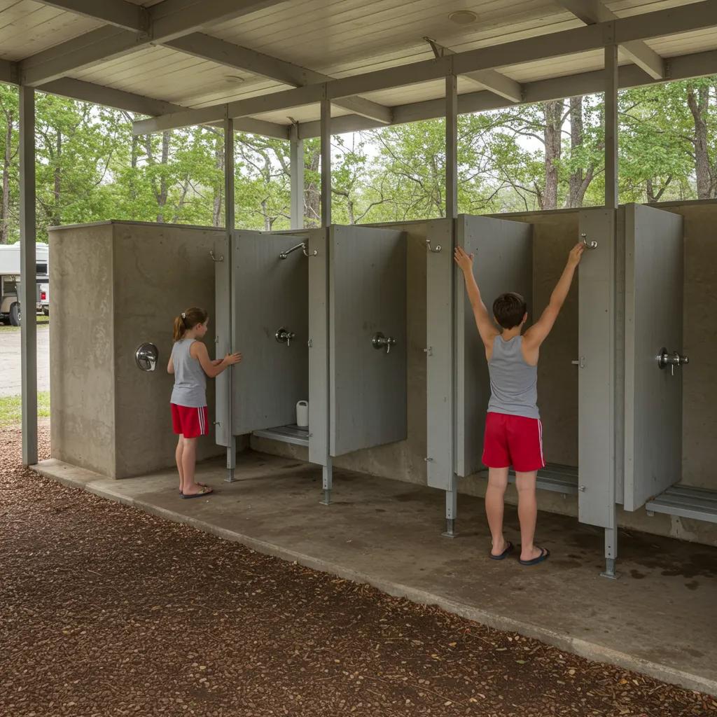 Well-designed shower house at a campground with private stalls and campers enjoying the facilities