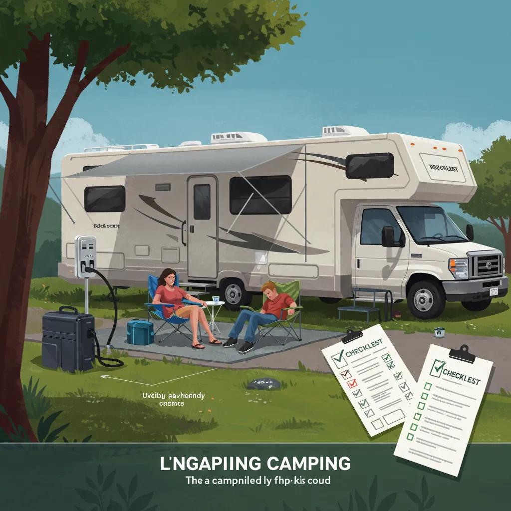Well-organized RV campsite with family preparing for long-term camping in Michigan