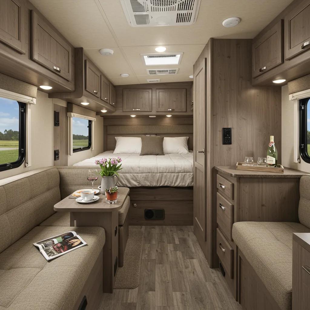 Well-staged interior of an RV cabin showcasing comfort and usability