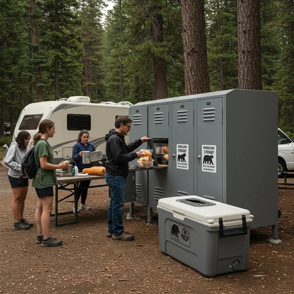 Wildlife-resistant food storage options at a campground, showcasing bear-proof lockers and sealed coolers