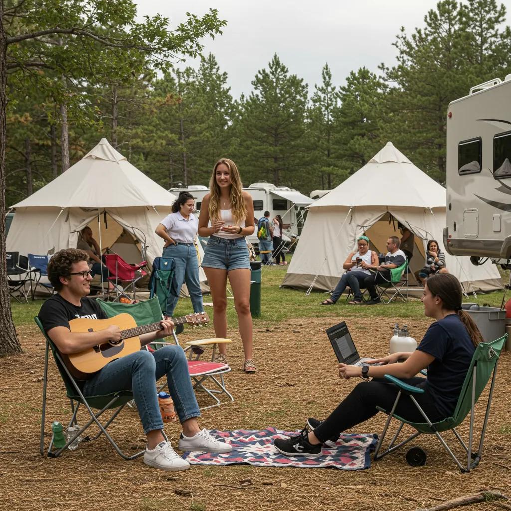 Young travelers enjoying modern amenities at an RV resort, highlighting current market trends