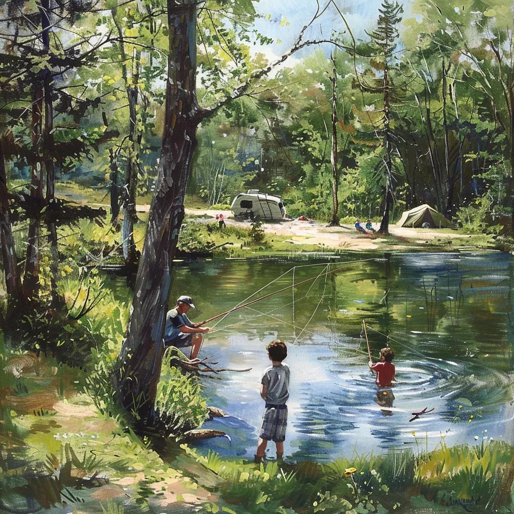 Family fishing at a Michigan campground with hiking trails in the background