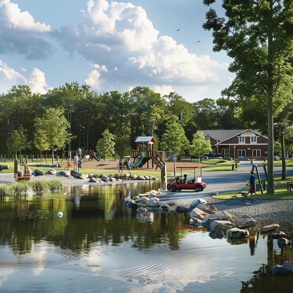The Oaks Campground showing a playground and a stocked fishing pond for families